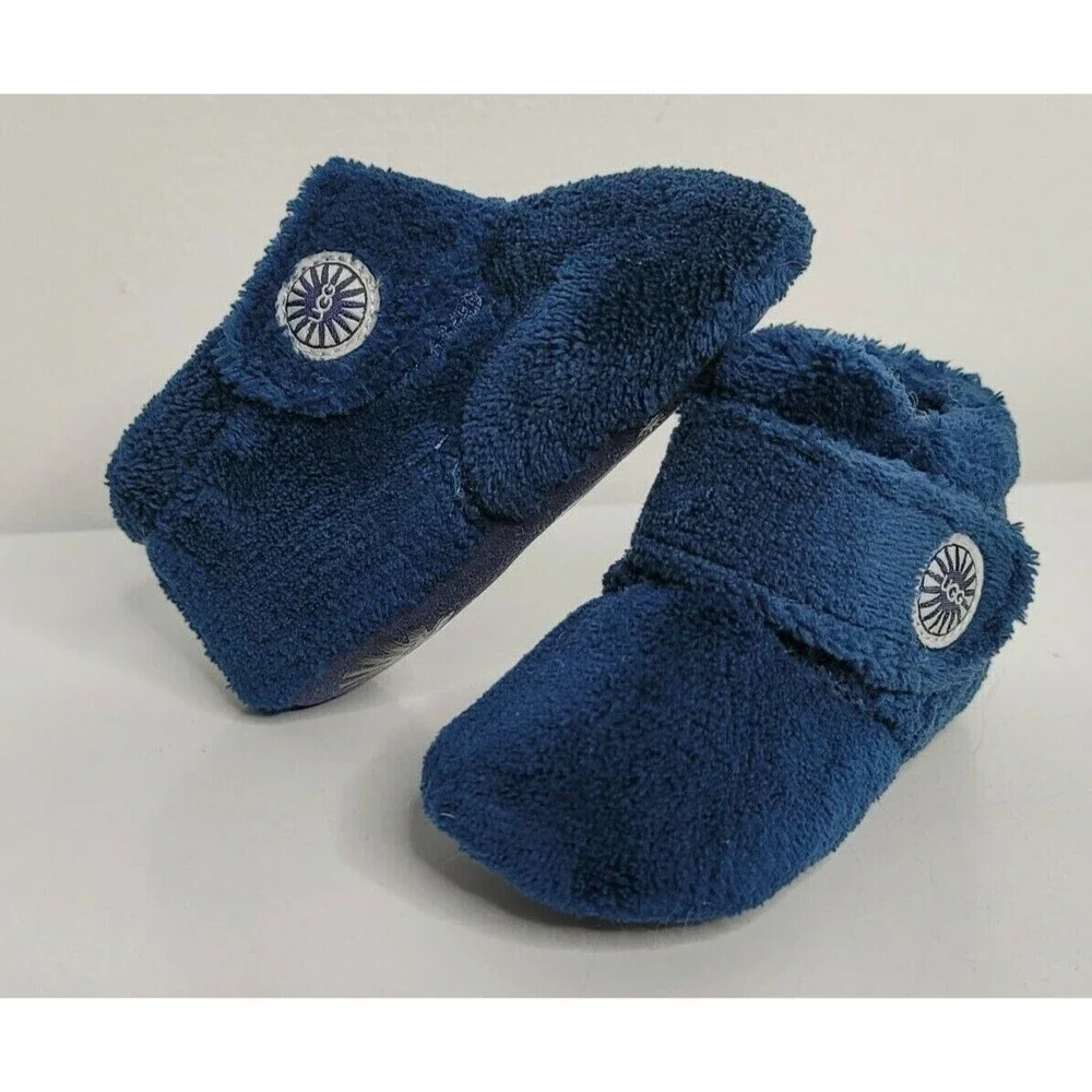 UGG Baby Bixbee Blue Booties Slippers 4/5 Fleece Hook & Loop Winter Soft Sole